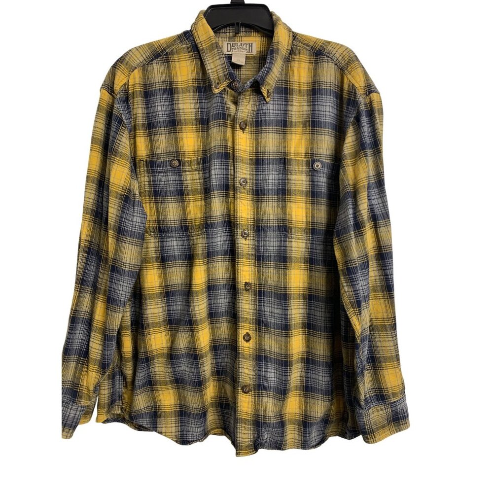 Duluth‎ Trading Co. XL Blue & Gold Plaid Cotton Flannel Button Down Shirt